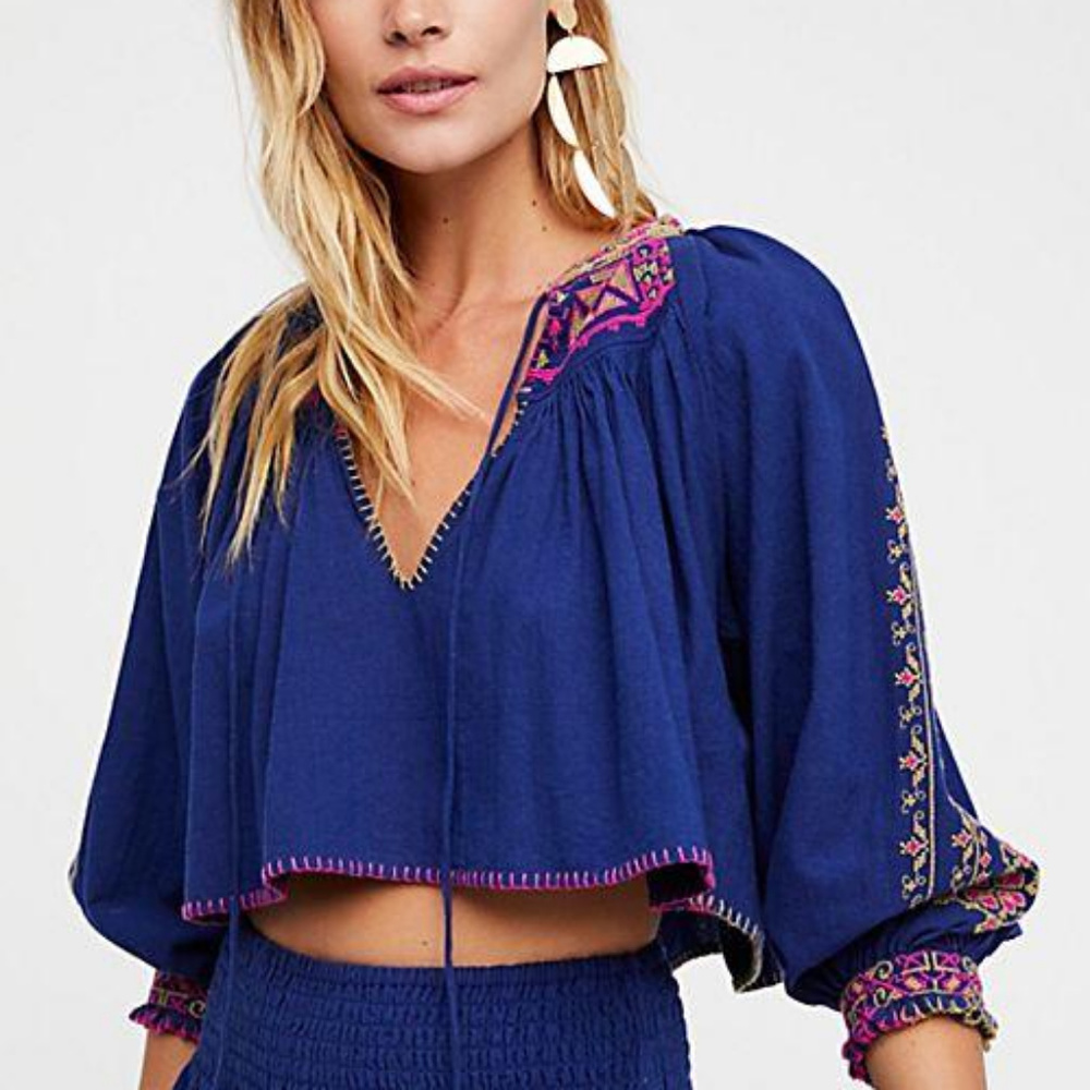 FREE PEOPLE Blue Embroidered Cotton Cropped Blouse Size S NWT